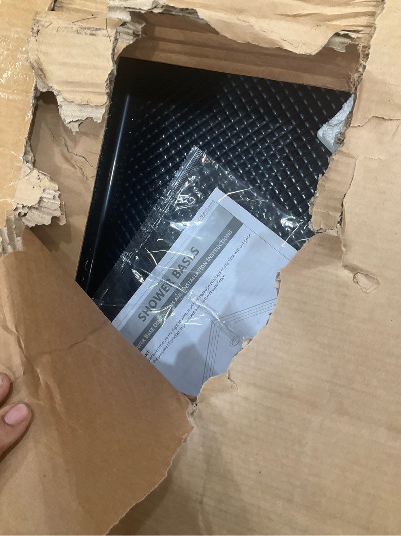 Condition photo showing As Is for dreamline slimline 36 in. d x 36 in. w x 2 3/4 in. h corner drain double threshold shower base in black, dlt-1036360-88 corner drain black 36 inch d x 36 inch w