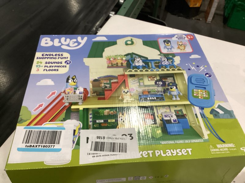 Condition photo showing New/Like New for Bluey and Bingo Supermarket Playset with Escalator, Pretend Play Toys for Toddlers, Sounds and 15 Pieces, Bluey Grocery Store Playset