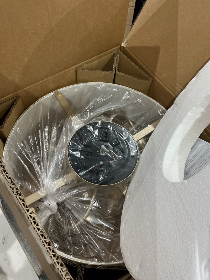 Condition photo showing As Is for hummingbird 20inch low profile caged ceiling fans with lights, flush mount ceiling fan with lights and remote, bladeless modern enclosed with 6 speeds for bedroom, kitchen, gold