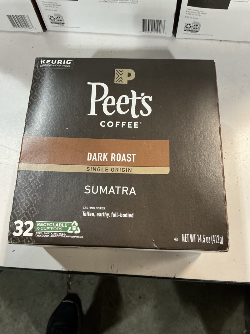 Condition photo showing New/Like New for best by 04/22/26 peet's coffee, dark roast single serve coffee pods, 100% arabica coffee - single origin sumatra 32 count (1 box of 32 pods) single origin sumatra 32 count (pack of 1)