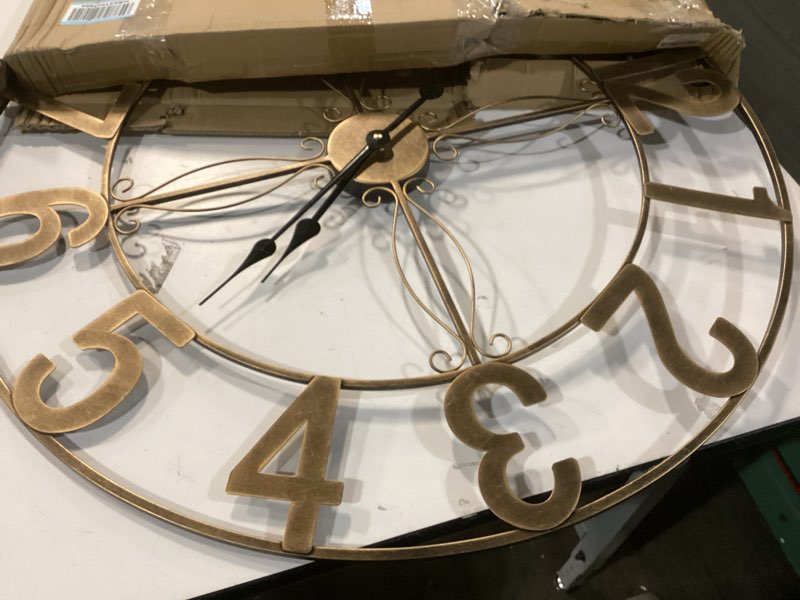 Condition photo showing As Is for Cuspin 30 Inch Wall Clock, Large Decorative Wall Clock for Living Room, Silent Non-Ticking Battery Operated Metal Round Retro Rustic Arabic Numerals Analog Bronze Clock for Kitchen Mantel Office Bronze Arabic Number 30 Inch