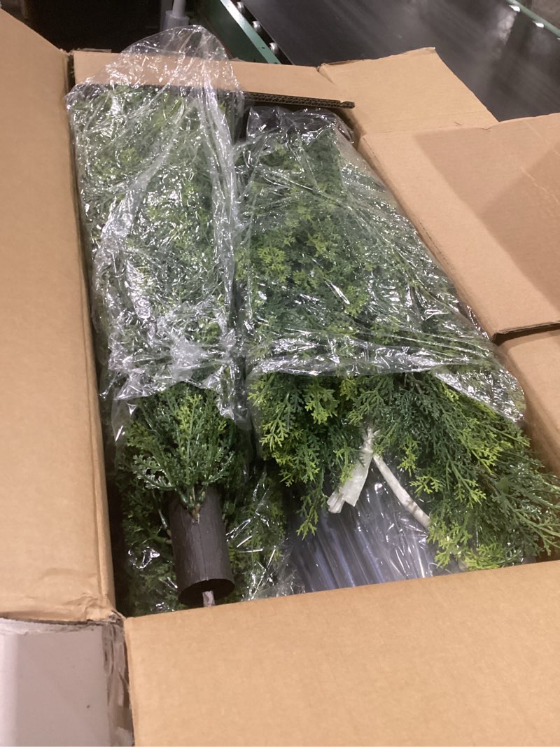 Condition photo showing New/Like New for the bloom times 4ft tall artificial topiary cedar trees outdoor set of 2 | uv resistant realistic faux cypress bushes shrubs, large fake evergreen plants for front porch outside planter decor 4 foot 4 foot yellow green
