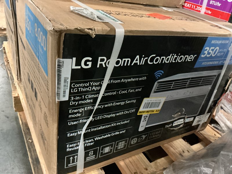 Condition photo showing New/Like New for 8,000 btu, 115 volts, window smart air conditioner cools 350 sq. ft. with remote, wifi enabled in white