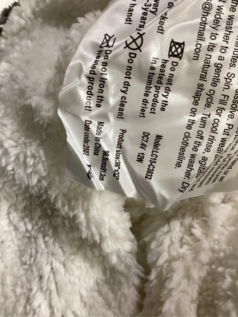 Condition photo showing As Is for dowin heated wearable blanket battery powered, come with 5000mah portable rechargeable charger, usb fannel sherpa oversized hoodie sweatshirt, machine washable, grey