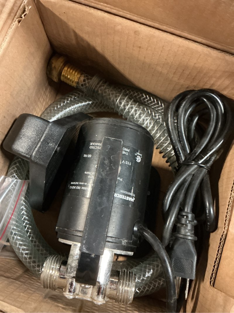 Condition photo showing As Is for acquaer 1/10 hp portable transfer pump with suction attachment and 6ft. garden hose