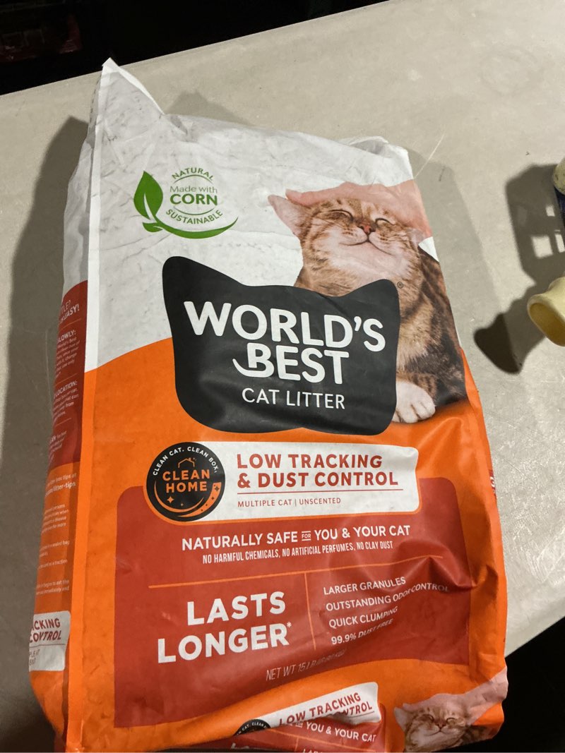 Condition photo showing As Is for world's best cat litter low tracking & dust control multiple cat unscented 15-pounds - natural ingredients, quick clumping, flushable & made in usa - long-lasting odor control & easy scooping 15lb