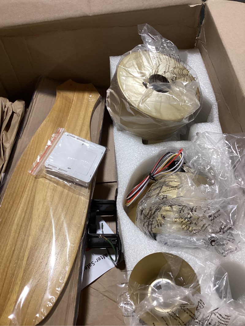 Condition photo showing As Is for 42 Inch Ceiling Fans with Lights and Remote, Modern Wood Ceiling Fan with Light, 5 Blades, Dimmable, Wall Switch, Reversible DC Motor, Memory Function, Indoor Outdoor for Office Patio Natural Wood Downrod Mount 42 inch (incomplete) (no remote)
