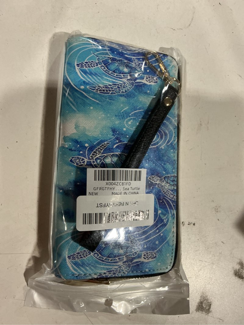 Condition photo showing As Is for womens wallet, large capacity rfid blocking pu leather wristlet wallets for women ladies men credit card holder zipper wallet phone holder clutch travel purse, blue sea turtle blue sea turtle women wallet