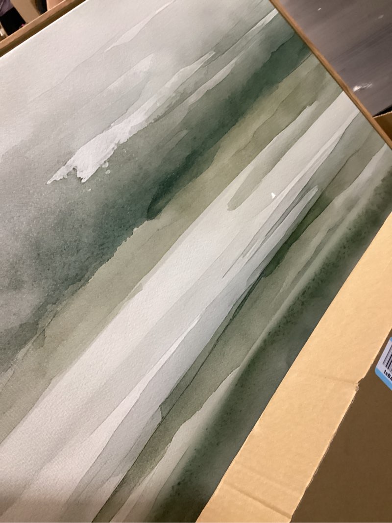 Condition photo showing Good Condition for houria large watercolor misty green mountain framed canvas wall art,neutral brush stroke wall decor,modern landscape artwork,nature minimalist art print for living room,bedroom,office-24 x36 x3 watercolor modern landscape wall art 24"l x 36"w