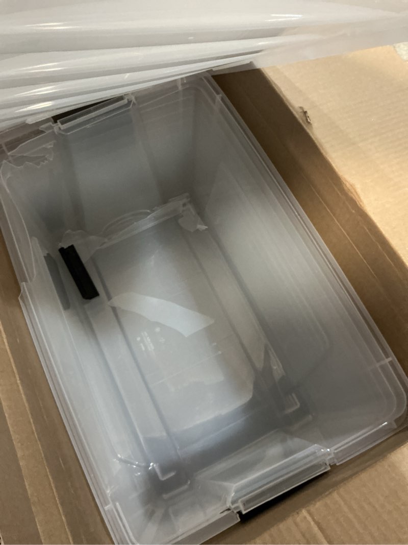 Condition photo showing As Is for iris usa 13 qt plastic storage box with lid and latches - 6 pack - bpa-free, see-through organizing solution, durable nestable stackable containers, secure pull handle - clear clear 13 qt 6 pack