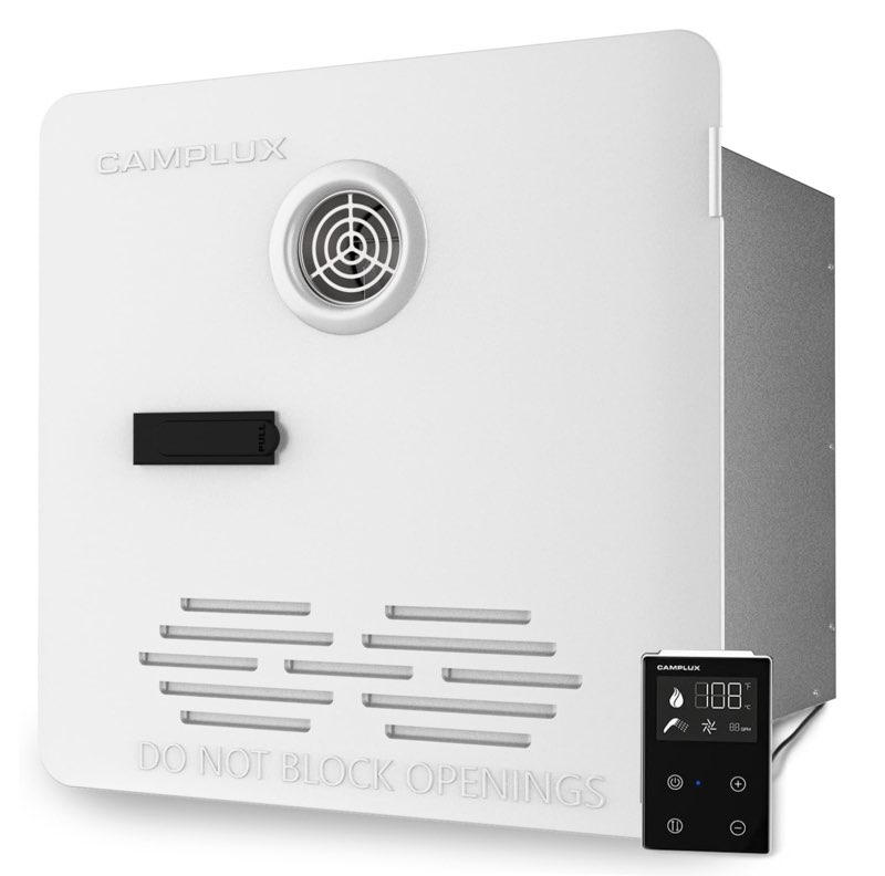 CAMPLUX RV Tankless Water Heater, 65,000 BTU Hot Water Heater with Mixing Tank, 2.64GPM White RV Water Heater with Door and Remote Controller, High Altitude Performance, CSA Listed