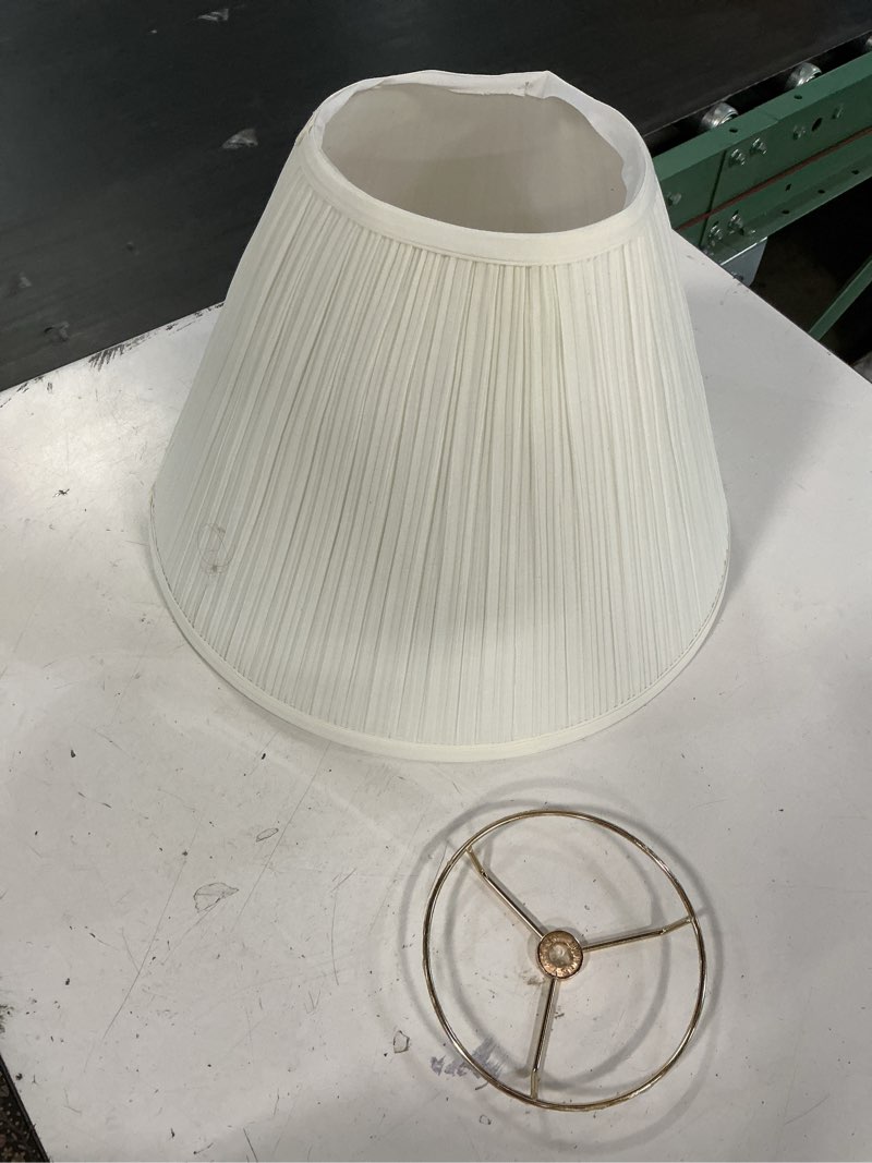 Condition photo showing As Is for aspen creative 33191, transitional hardback empire shaped mushroom pleated pleated white spider shade, 6" top x 16" bottom x 12" slant