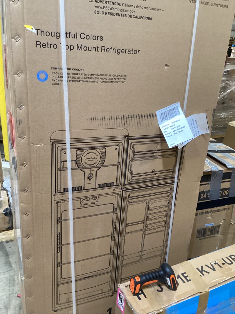 Condition photo showing New/Like New for galanz glr12tweefr refrigerator, dual door fridge, adjustable electrical thermostat control with top mount freezer compartment, retro white, 12.0 cu ft