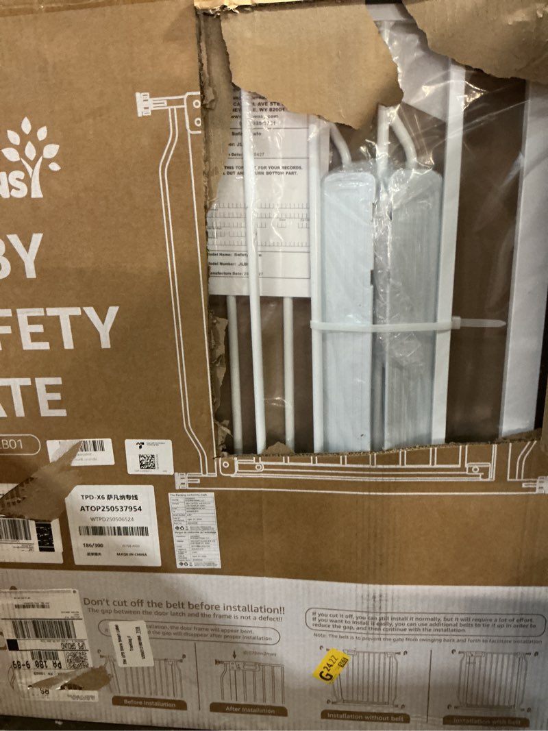 Condition photo showing As Is for mom's choice-grownsy baby gate for stairs, 29.5"-48.4" pressure mounted baby gate for top of stair&doorway with v-shaped rods, anti-trip pedal, extra wide stairs dog gate easy install w/red reminder white 29"-48"*30"