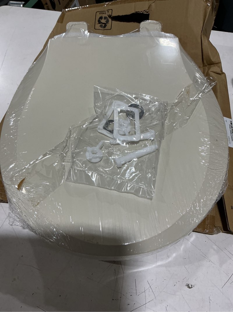 Condition photo showing New/Like New for durable round toilet seat with slow soft close - easy to install and clean, never loosens - white, fits most round toilets almond almond round without toddler seat