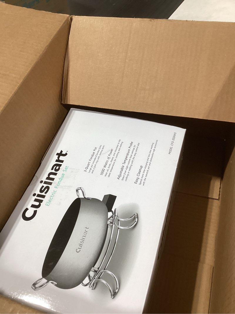 Condition photo showing New/Like New for Cuisinart Fondue Pot Set, 3-Quart Stainless Steel Electric Fondue Pot for Chocolate, Cheese, Broth, and Oil, Includes 8 Forks, Temperature Control, Nonstick Interior, Dishwasher Safe, CFO-3SSNAS