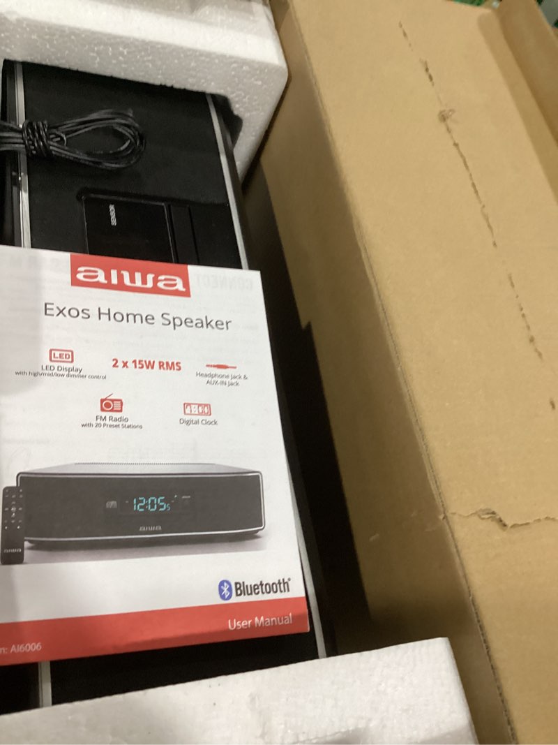 Condition photo showing As Is for AIWA Exos Home Speaker, Premium 30W RMS Sound System with CD Player, Bluetooth Connectivity, FM Radio, Optical Digital Input, Dual 1” Tweeters + Dual 2” Bass Units, IR Remote Control Black
