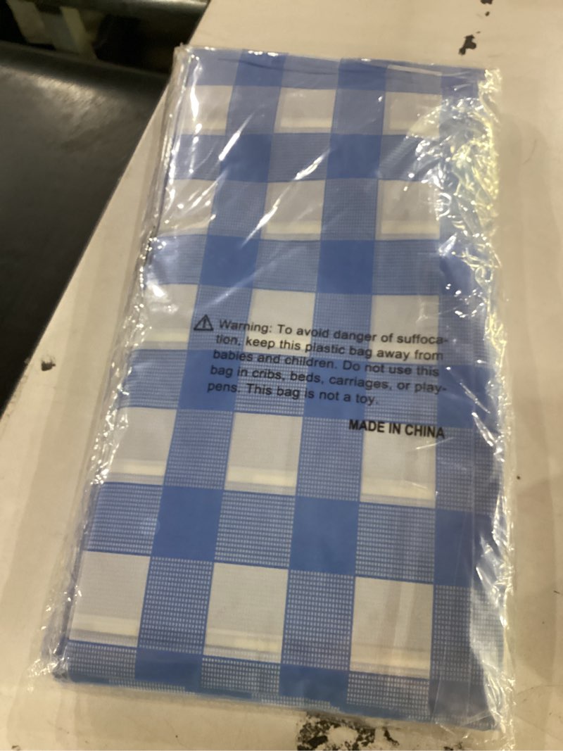 Condition photo showing New/Like New for 6 pack light blue gingham tablecloth rectangular pale blue and white checkered tablecloths disposable plastic plaid table cover for parties, outdoor picnic, birthday, wedding, camping 54 × 108 inch light blue gingham 6 pack