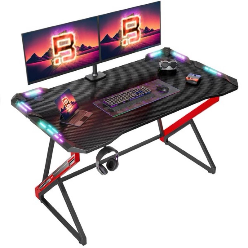 TIQLAB Gaming Desk with LED Lights, 40 Inch Computer Desk Z Shaped Gamer Workstation, Gaming Table with Carbon Fiber Surface, PC Gamer Desk, Black  