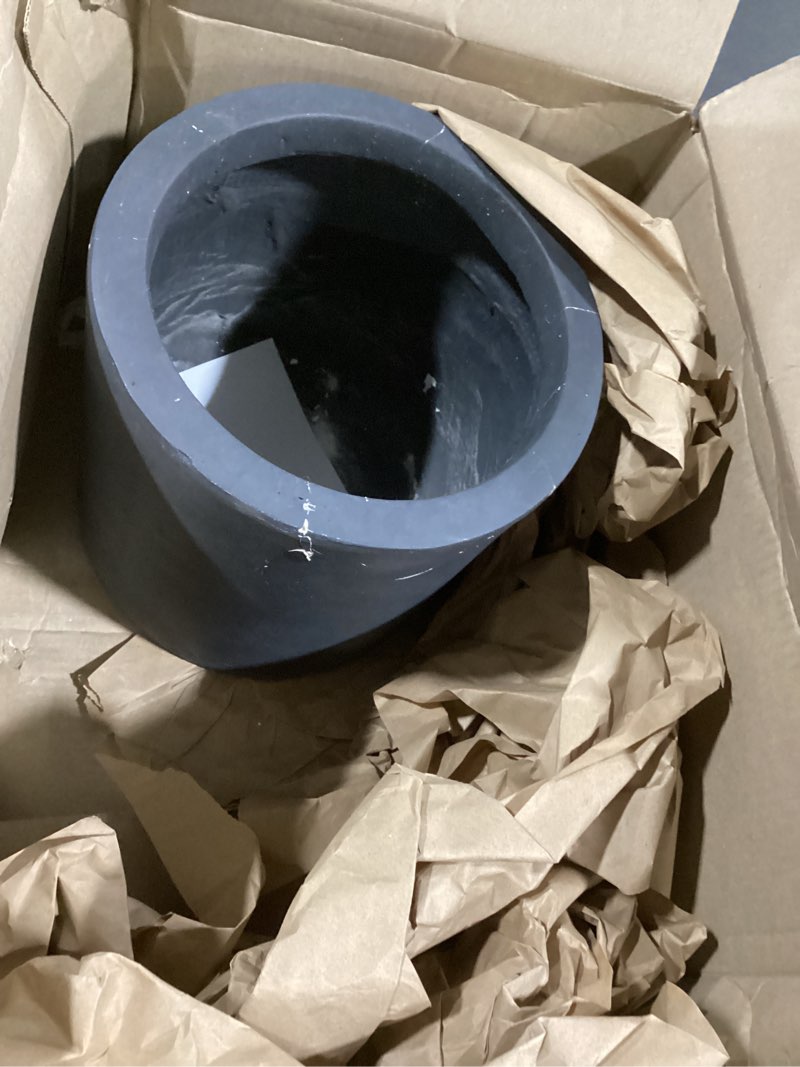 Condition photo showing As Is for kante 9.8" dia round concrete planter, modern style large cylindrical plant pot with drainage hole and rubber plug for indoor outdoor patio, charcoal charcoal 9.8" dia