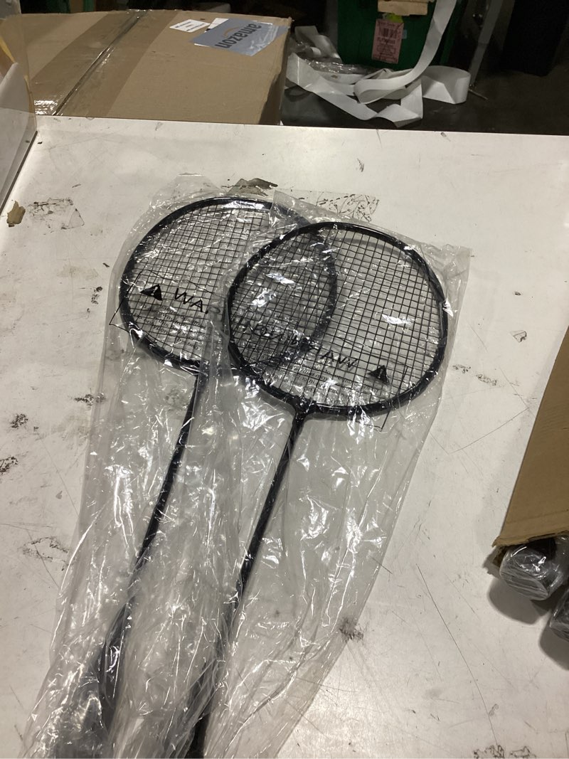 Condition photo showing As Is for badminton rackets set of 4 for outdoor backyard games, including 4 rackets, 6 nylon badminton shuttlecocks, lightweight badminton racquets for beginners