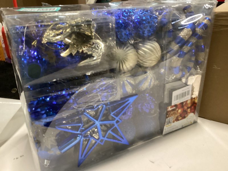 Condition photo showing New/Like New for Alupssuc 128pcs Christmas Balls Ornaments Set, Shatterproof Plastic Baubles Christmas Flowers, Ribbon Tree Topper for Xmas Tree Holiday Wedding Party Decorations with Hanging Strings, Blue and Gold Blue Gold