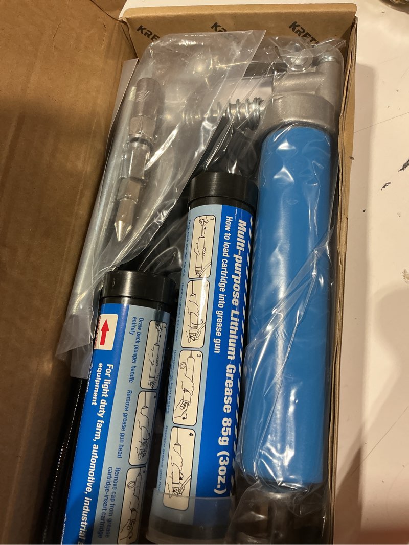 Condition photo showing New/Like New for kretlaw mini grease gun (3000psi) with double 3oz cartridge grease and 12'' flex hose, reinforced coupler for automotive,marine blue grease gun kit+2pcs cartridge grease