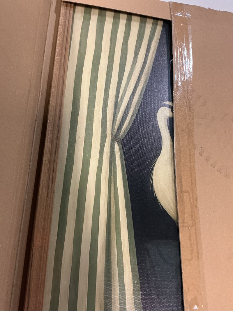 Condition photo showing Good Condition for framed curtain crane canvas wall artframed bird wall art, elegant heron canvas print, vintage coastal bird wall decor, abstract heron painting, striped curtain picture poster artwork for living room bedroom 16x24 inch elegant heron framed 24"l x 16"w
