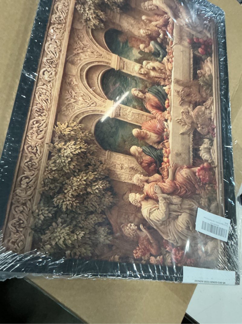 Condition photo showing Good Condition for Black Framed Jesus Last Supper Wall Art Vintage Jesus and Twelve Disciple Christian Painting Picture Wall Decor Religious Poster Print Artwork for Living Room Prayer Room Church Dining Room Framed 24"L x 16"W