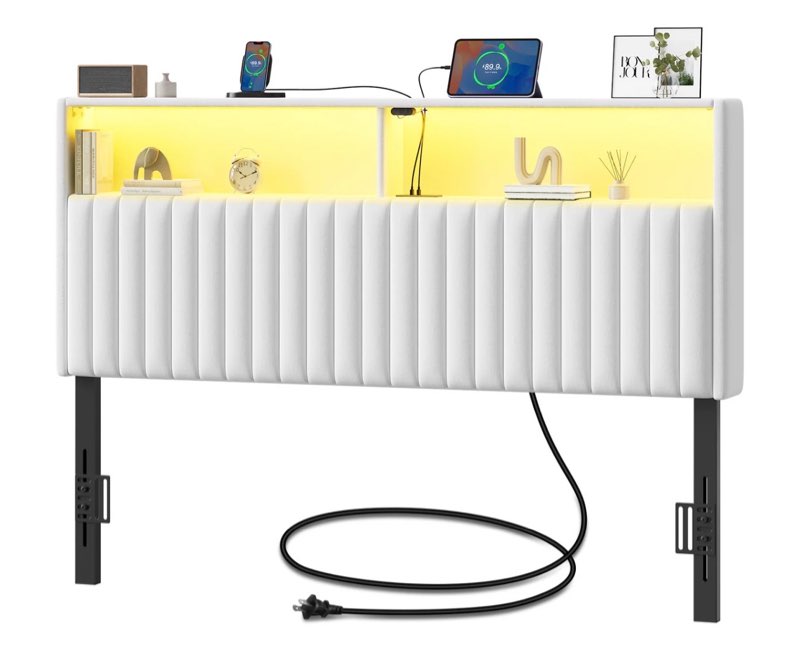 Rolanstar Headboard for Queen Size Bed with Storage, Velvet Upholstered Head Board with USB & Type C Port, 60,000 DIY Color of LED Light, Height Adjustable, Sturdy, Easy Assembly, White