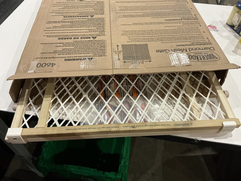 Condition photo showing Good Condition for toddleroo by north states diamond mesh wooden baby gate: 26.5"- 42" wide. pressure mounted baby gate for doorway. (23" tall, sustainable hardwood)