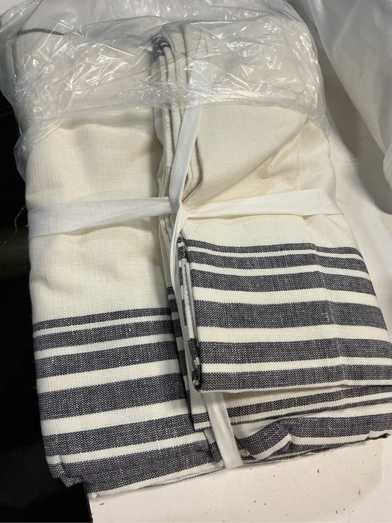 Condition photo showing Good Condition for coastal stripe linen cotton curtain, 48x96, ivory/navy