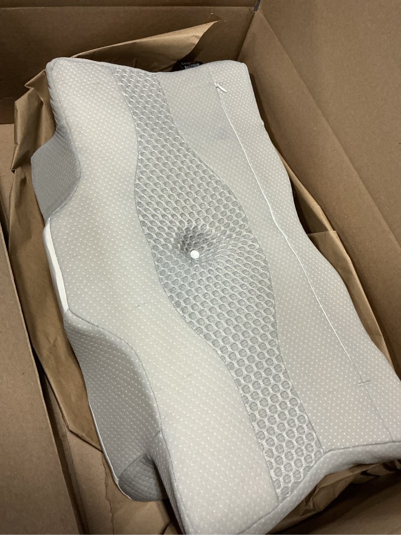 Condition photo showing As Is for cervical neck pillow for pain relief sleeping, cooling ergonomic contour side sleeper pillow for neck support, odorless soft memory foam orthopedic bed rest pillow for back stomach sleeper, grey