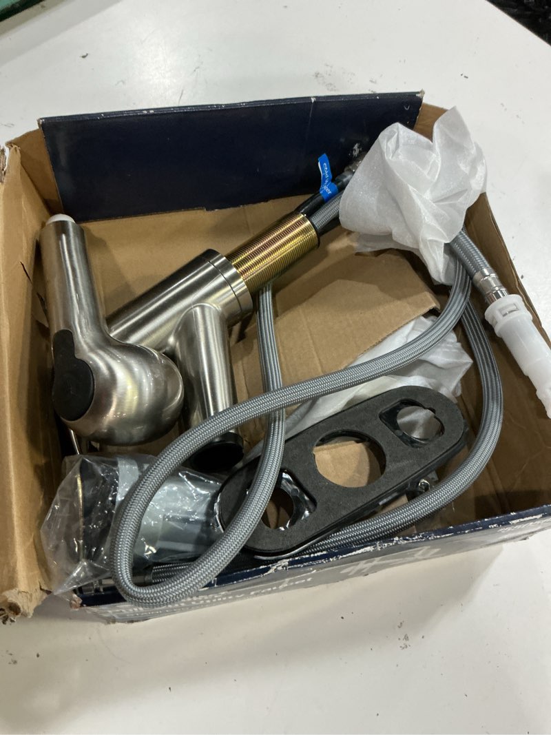 Condition photo showing As Is for project source stainless steel 1-handle deck-mount utility faucet with pulldown sprayer