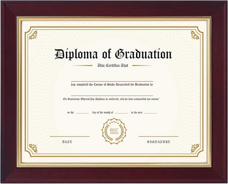 8.5x11 Diploma Frame Real Wood with Gold Trim, Mahogany Frame with Real Glass