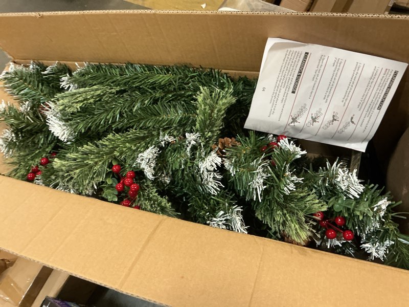 Condition photo showing Good Condition for 2 Set 4Ft Snowy Outdoor Christmas Entrance Tree with Timer 60 Warm Lights Battery Operated,120 Branches Tips,14 Eucalyptus,13 Smoky Pine Bristle Leaves,10 Pine Cones,9 Red Berries for Porch Front Door 4 Ft Snowy Potted Tree