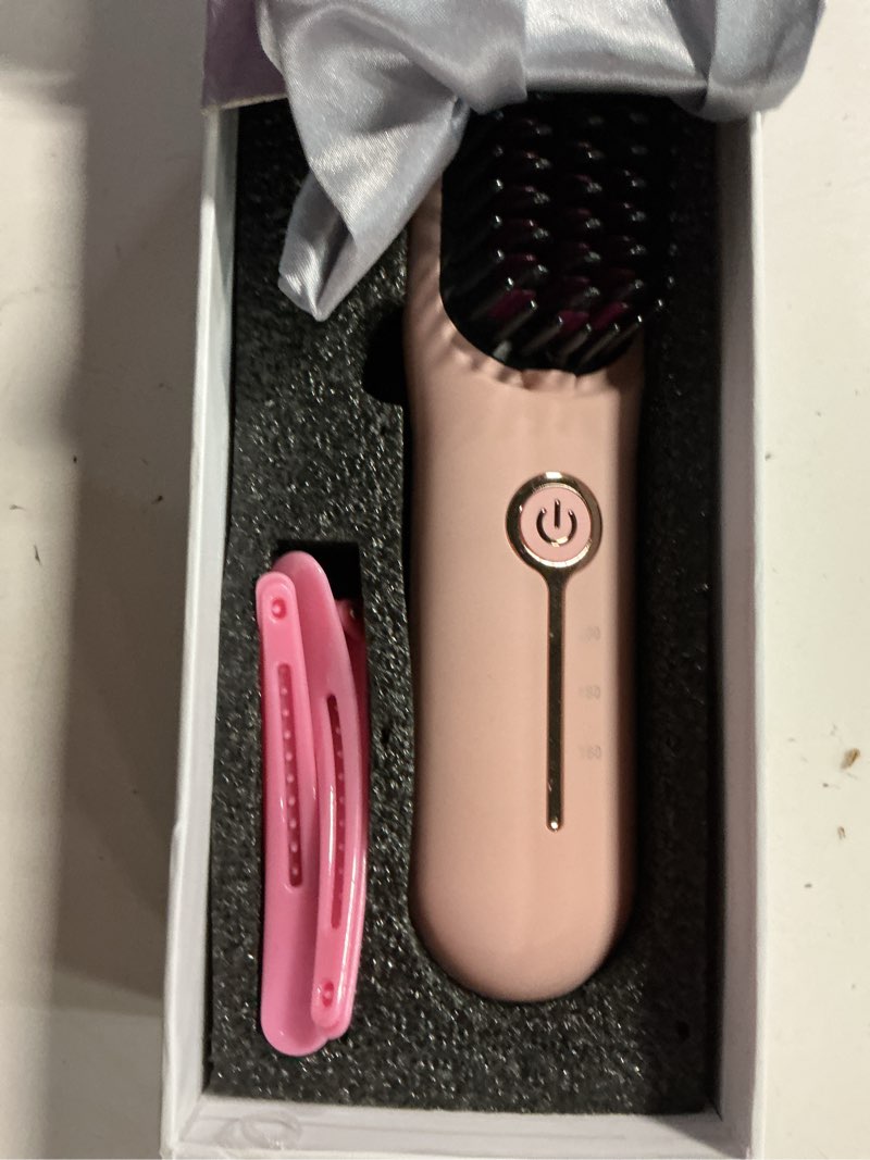 Condition photo showing Good Condition for cordless hair straightener brush, portable ionic plus frizz-free straightening brush, rechargeable touch up on-the-go brush, mch fast heating, 5d dense bristles, auto-off, anti-scald for women travel light pink