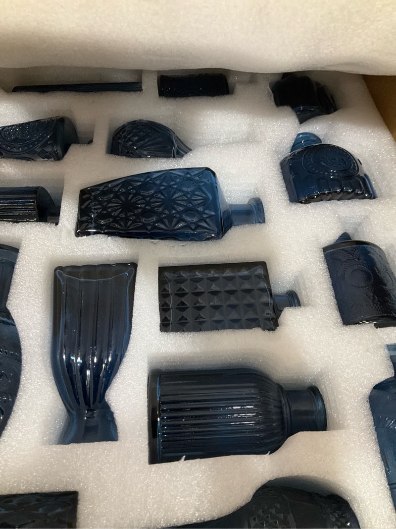 Condition photo showing New/Like New for Glass Bud Vases Set of 16 - Blue Assorted Small Mini Glass Vases for Flowers, Crystal Vintage Vase Set, Bulk Centerpieces for Table Décor, Wedding, Home and Events (Blue, 16 Pcs) Blue 16 Pcs