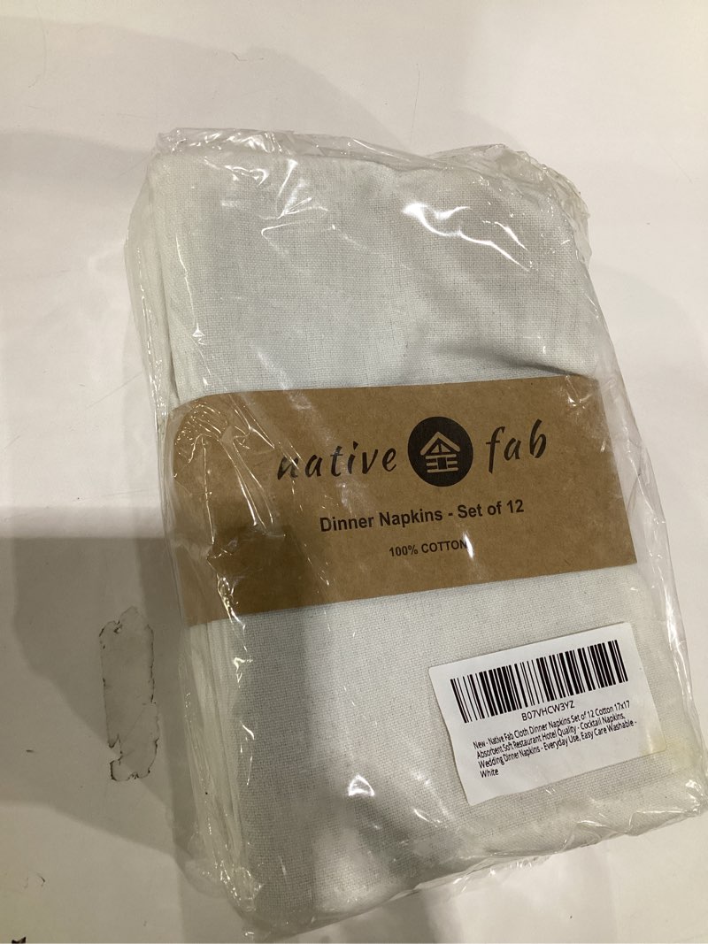 Condition photo showing Good Condition for native fab cloth napkin set of 12, 100% cotton, washable fabric, reusable cloth napkin 17x17 inches, table decor napkins for wedding, dinner, events - white