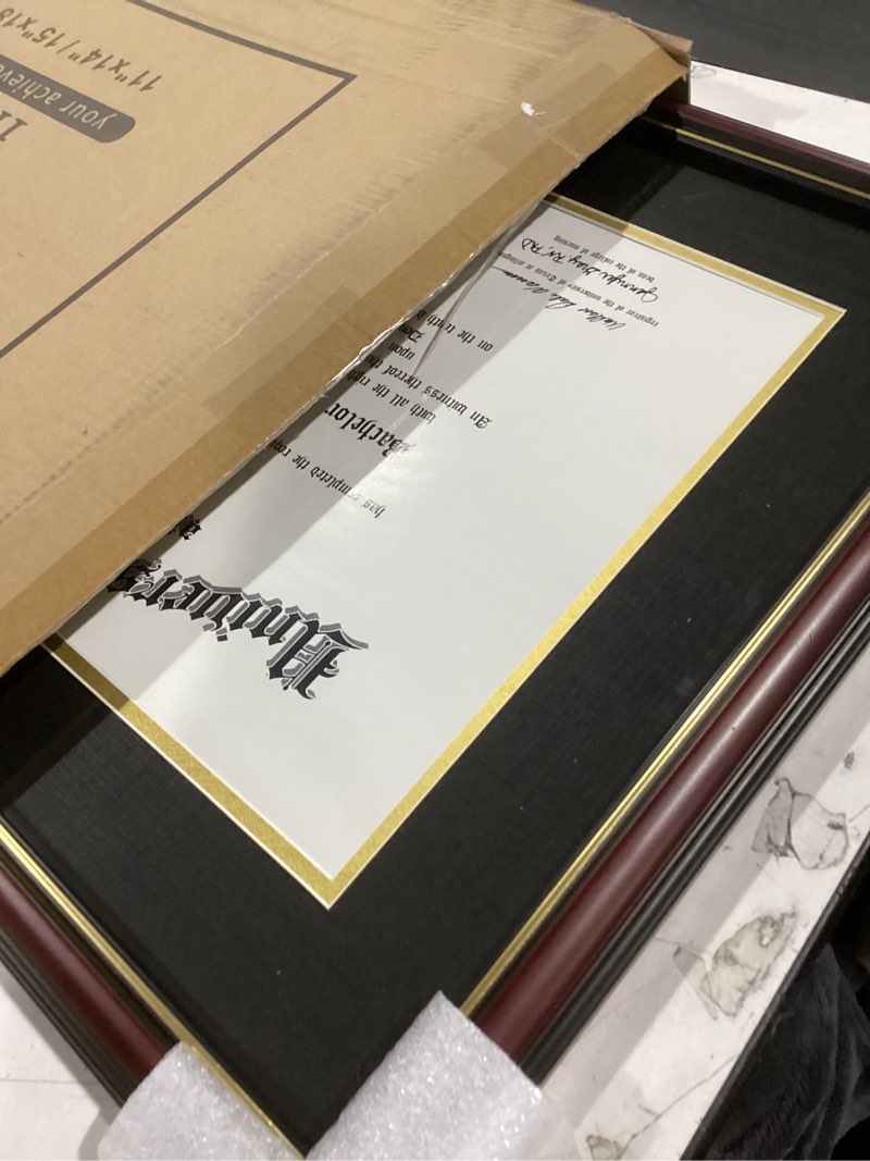 Condition photo showing Good Condition for graduationmall 11x14 diploma frame with black over gold mat or display 15x18 certificate without mat,solid wood & uv protection acrylic,cherry finish with gold trim cherry with gold trim 15x18 or 11x14 with mat