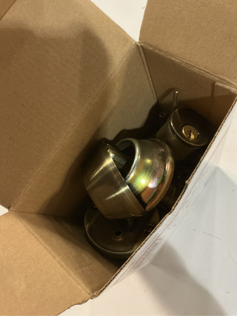 Condition photo showing As Is for reliabilt gallo antique brass exterior single-cylinder deadbolt keyed entry door knob combo pack