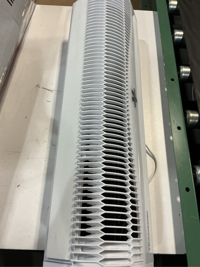 Condition photo showing As Is for vornado transom window fan with 4 speeds, remote control, reversible exhaust mode, weather resistant case, whole room, ice white