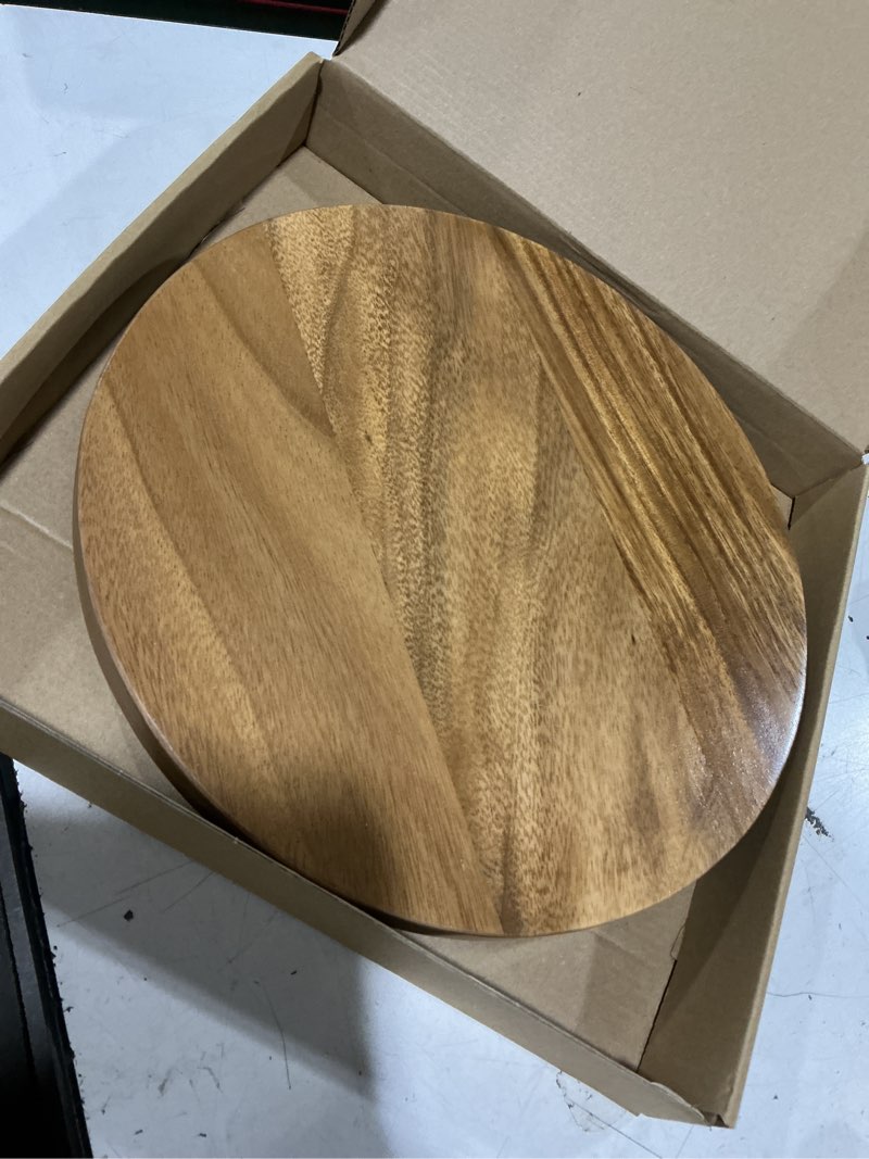 Condition photo showing Good Condition for round 11.8" acacia wood decorative tray – farmhouse wood riser pedestal stand for kitchen and bathroom decor, counter display, vanity tray (large, 11.8" dia) large: dia 11.8"