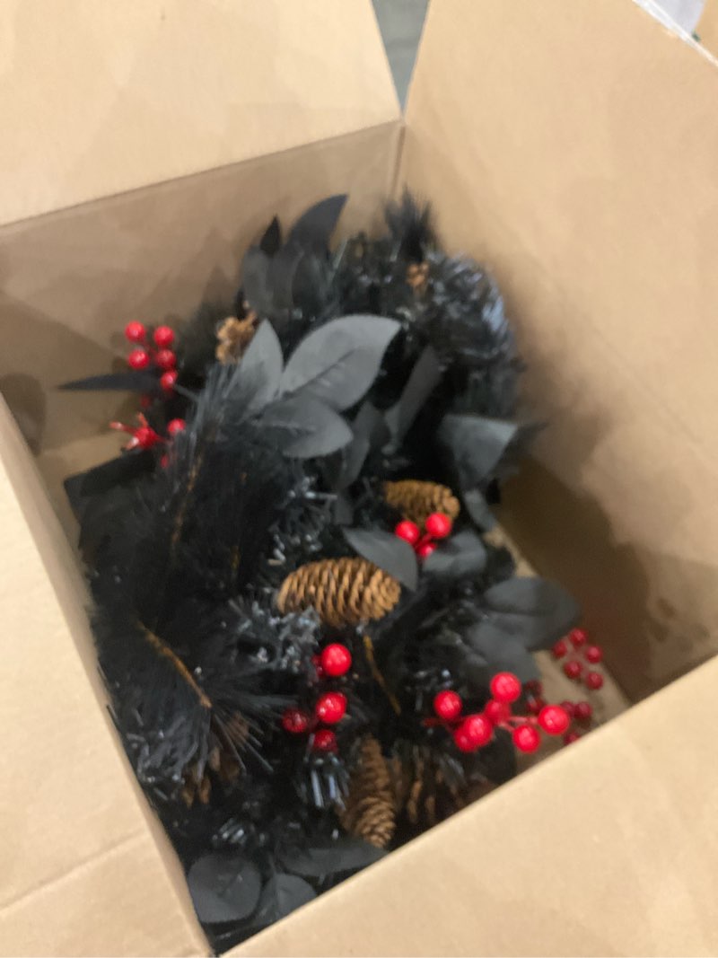 Condition photo showing Good Condition for 2 Pack Black Artificial Pine Plants 20 Inch Christmas Fake Greenery Pine Picks with Red Berry Stems and 16 ft Warm White Battery Operated LED Lights for Xmas Home Garden Indoor Outdoor