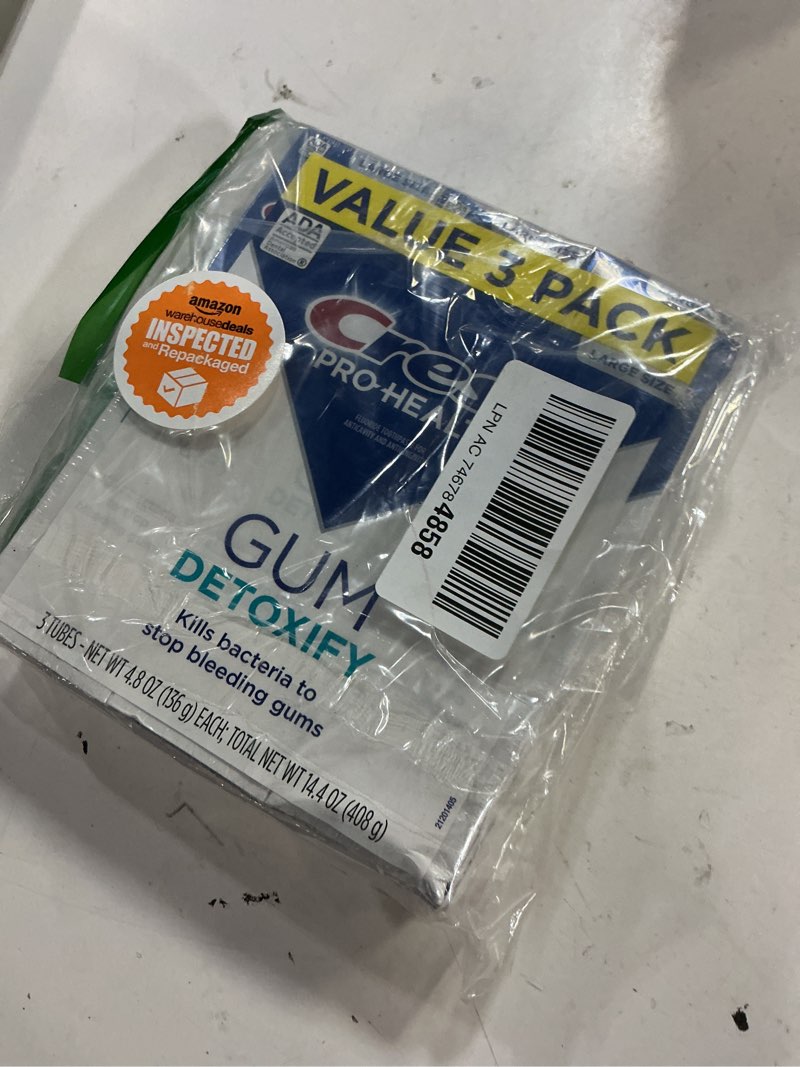 Condition photo showing New/Like New for crest pro-health gum detoxify antibacterial fluoride toothpaste, 4.8 oz 3 pack, enamel and gum repair, cavity protection, deep clean, plaque control, clinically proven, travel size toiletries 4.8 ounce (pack of 3)