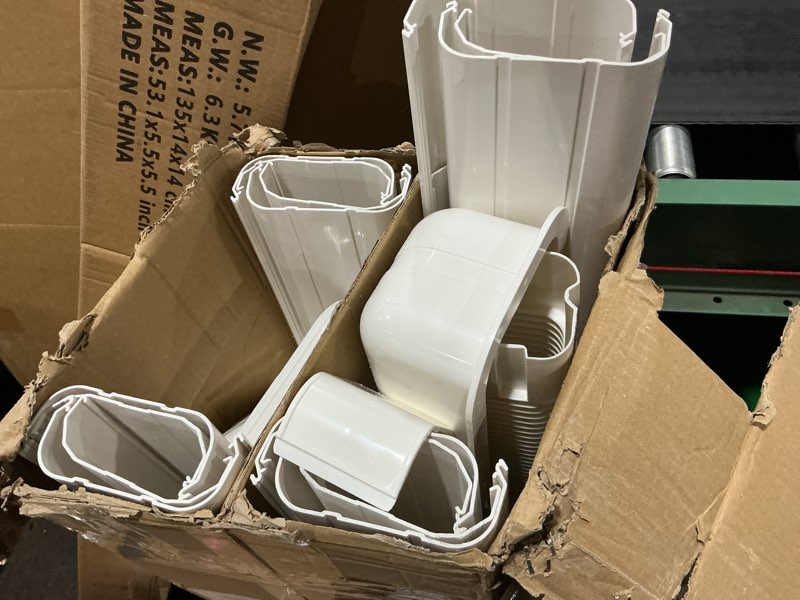Condition photo showing As Is for 4" w 15.5ft l mini split ac line cover kit decorative pvc tubing pipe cover set for center air conditioner&heat pumps systems 4" w 15.5ft l/white