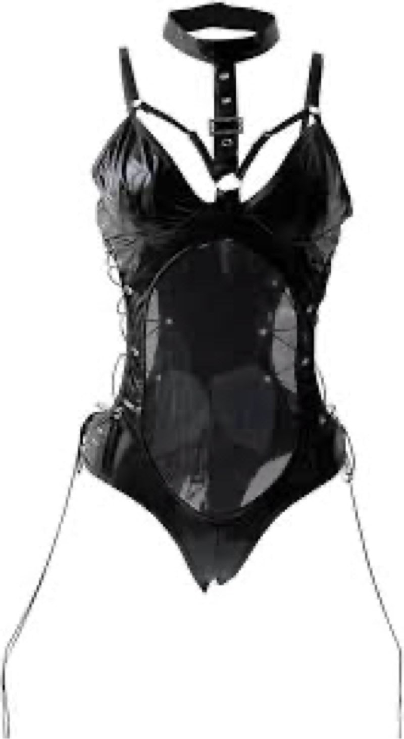 Women’s Teddy Bodysuit Lace Leather Pu Nightshirt One Piece Clubwear cosplay Lingerie (Black-2, X-La