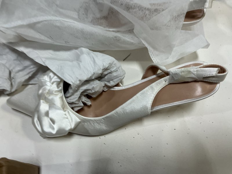 Condition photo showing Good Condition for kitten heels for women closed toe bow heels shoes pointed toe sling back bow heels 10 white