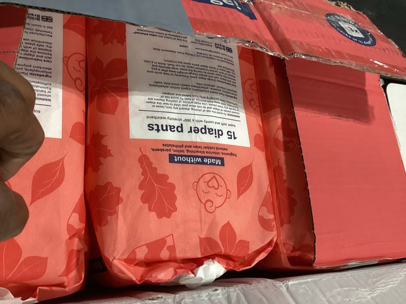 Condition photo showing New/Like New for pura hypoallergenic diaper pants size 9 (48+ lbs) overnight, up to 12 hours leak protection, suitable for sensitive skin, totally chlorine free, soft organic cotton, 3 packs of 15 (45 pull up pants) size 9 45