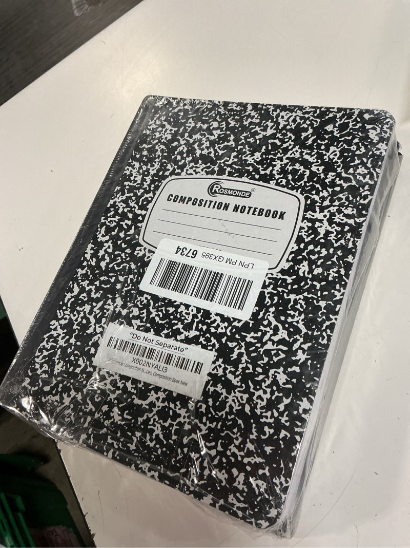 Condition photo showing New/Like New for rosmonde composition notebook wide ruled 5 pack, 200 pages (100 sheets), 9-3/4 x 7-1/2, back to school supplies, notebooks for school, office supplies, notebooks for work, wide ruled notebook 5 pack black marble